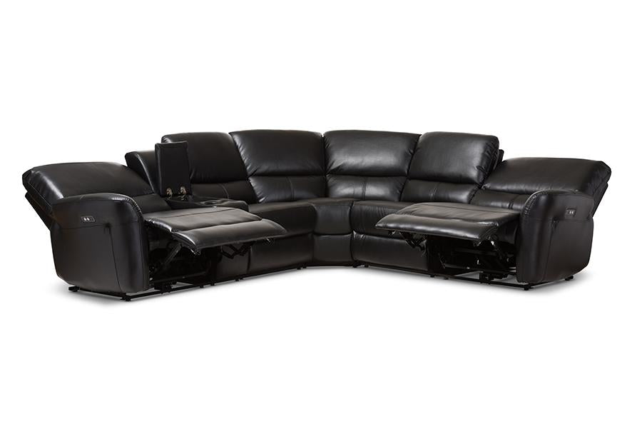 Baxton Studio Amaris Modern and Contemporary Black Bonded Leather 5-Piece Power Reclining Sectional Sofa with USB Ports