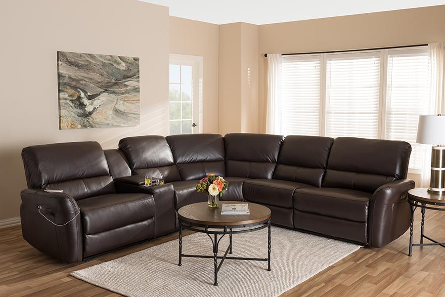 Baxton Studio Amaris Modern and Contemporary Dark Brown Bonded Leather 5-Piece Power Reclining Sectional Sofa with USB Ports