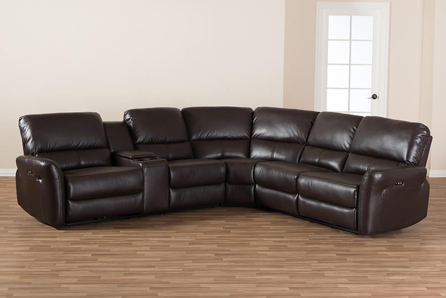 Baxton Studio Amaris Modern and Contemporary Dark Brown Bonded Leather 5-Piece Power Reclining Sectional Sofa with USB Ports