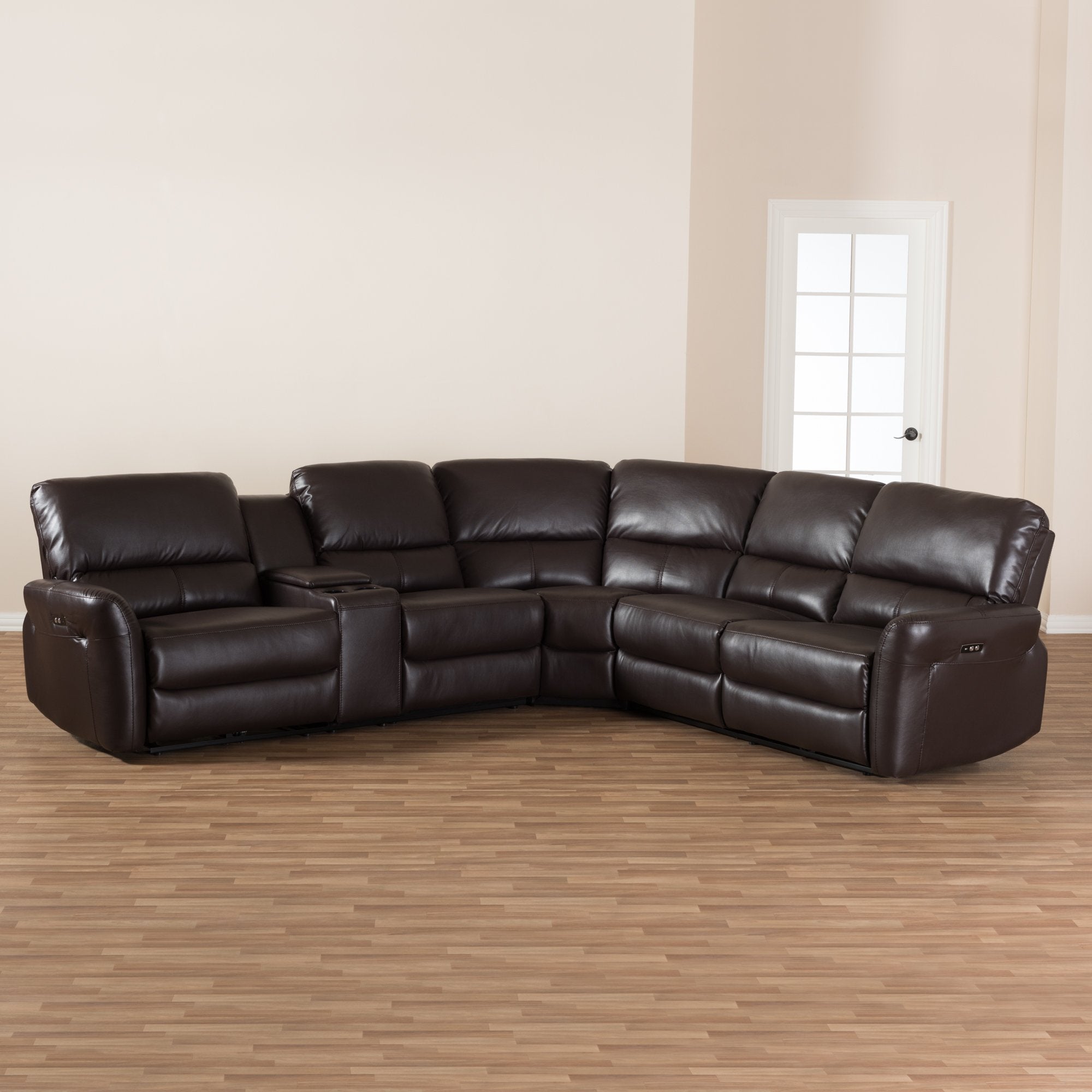 Baxton Studio Amaris Modern and Contemporary Dark Brown Bonded Leather 5-Piece Power Reclining Sectional Sofa with USB Ports