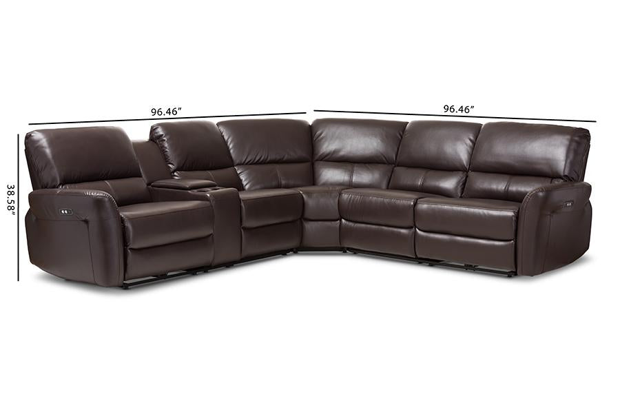 Baxton Studio Amaris Modern and Contemporary Dark Brown Bonded Leather 5-Piece Power Reclining Sectional Sofa with USB Ports