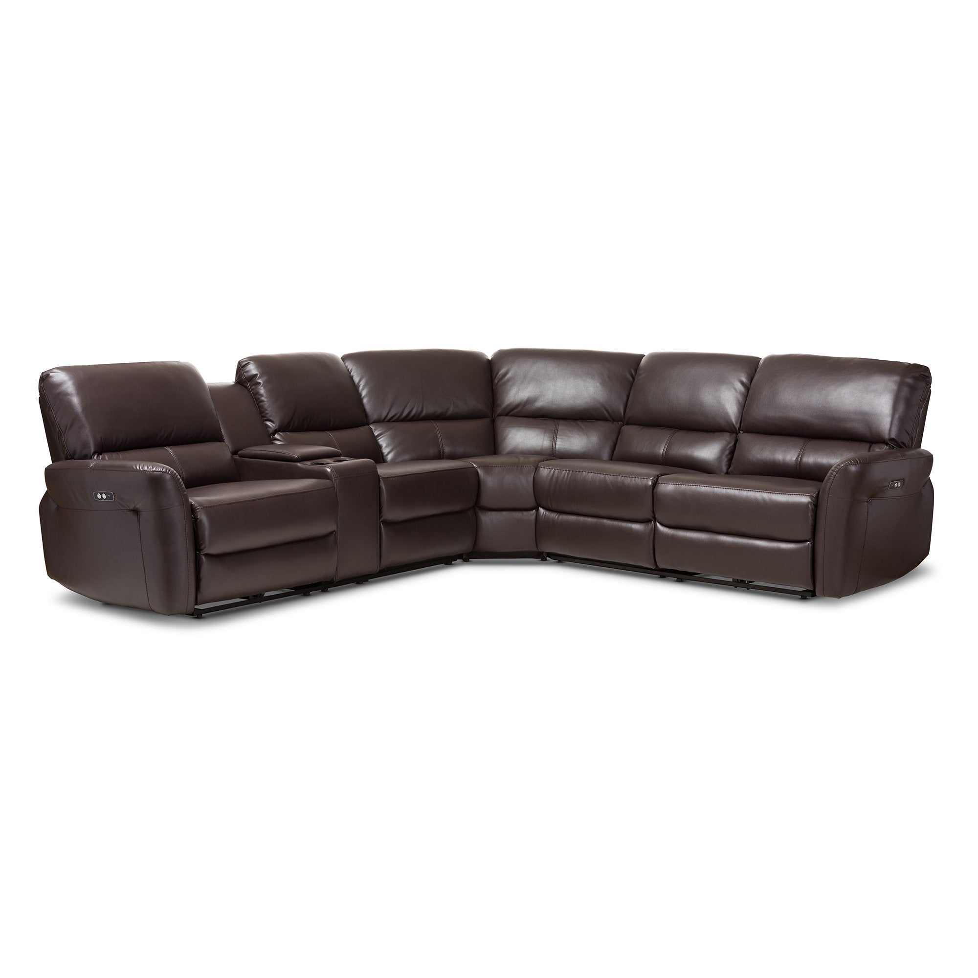 Baxton Studio Amaris Modern and Contemporary Dark Brown Bonded Leather 5-Piece Power Reclining Sectional Sofa with USB Ports