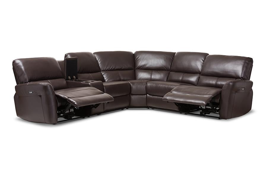 Baxton Studio Amaris Modern and Contemporary Dark Brown Bonded Leather 5-Piece Power Reclining Sectional Sofa with USB Ports