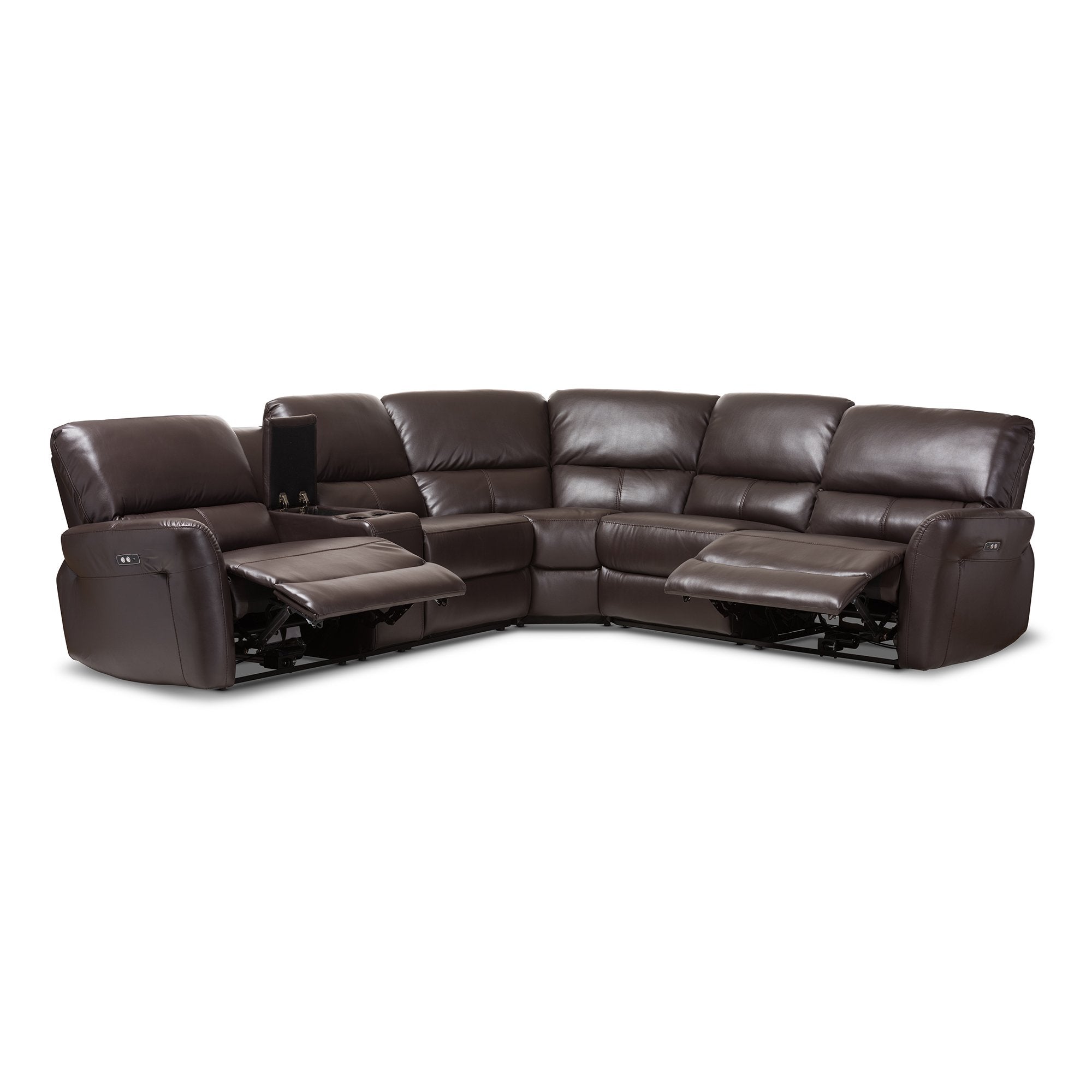 Baxton Studio Amaris Modern and Contemporary Dark Brown Bonded Leather 5-Piece Power Reclining Sectional Sofa with USB Ports