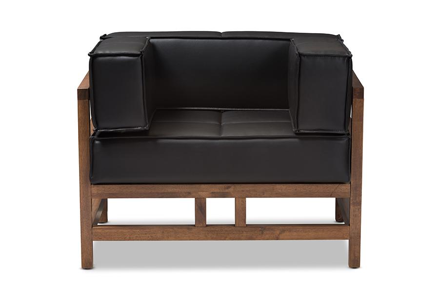 Baxton Studio Shaw Mid-Century Modern Pine Black Faux Leather Walnut Wood Armchair