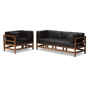 Baxton Studio Shaw Mid-Century Modern Pine Black Faux Leather Walnut Wood 2-Piece Living Room Sofa Set