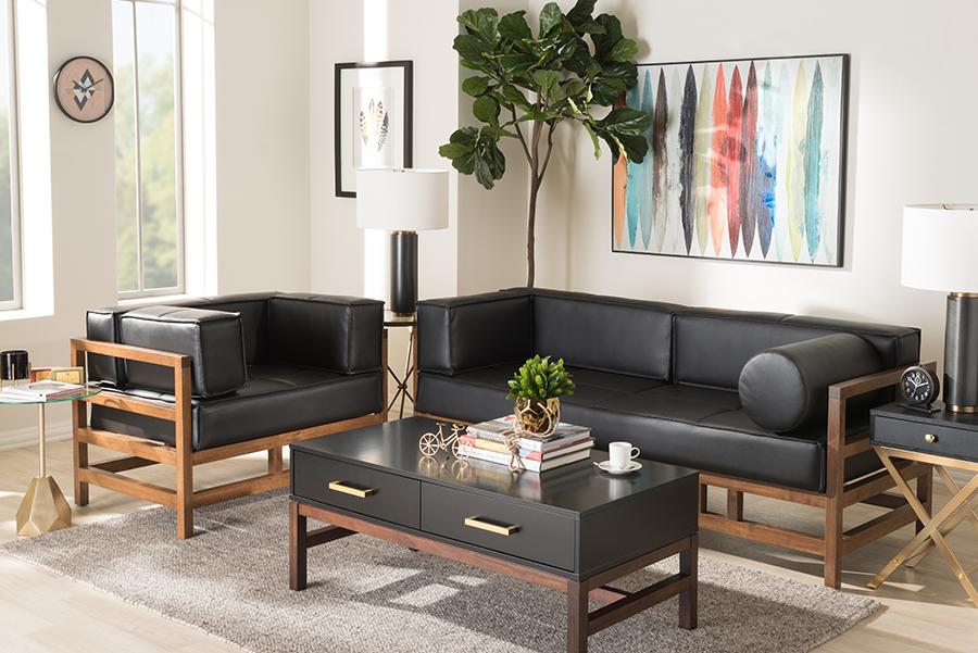 Baxton Studio Shaw Mid-Century Modern Pine Black Faux Leather Walnut Wood 2-Piece Living Room Sofa Set