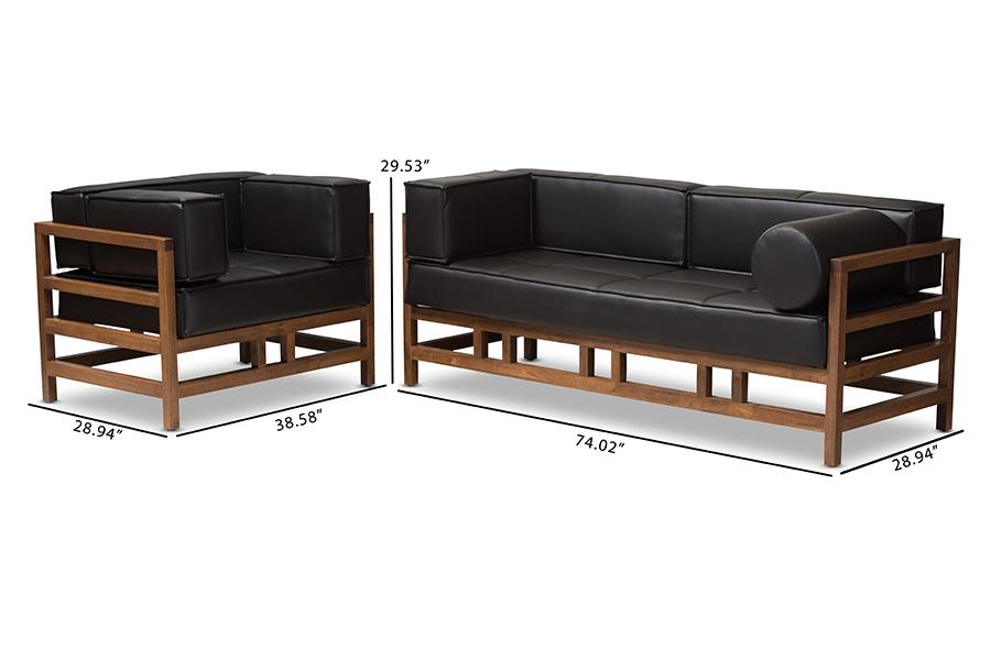 Baxton Studio Shaw Mid-Century Modern Pine Black Faux Leather Walnut Wood 2-Piece Living Room Sofa Set