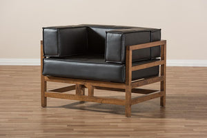 Baxton Studio Shaw Mid-Century Modern Pine Black Faux Leather Walnut Wood Armchair