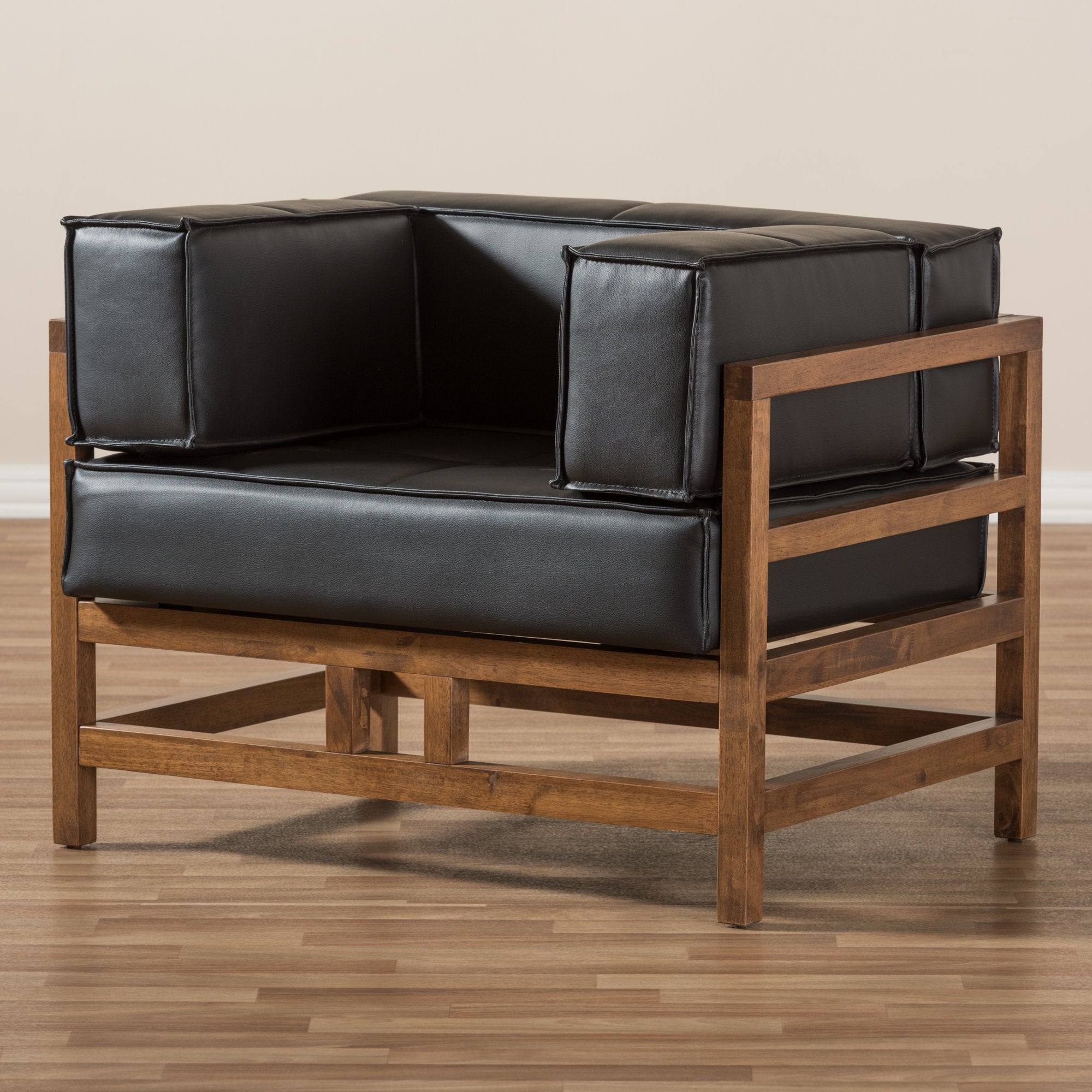 Baxton Studio Shaw Mid-Century Modern Pine Black Faux Leather Walnut Wood Armchair