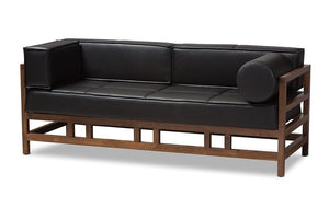 Baxton Studio Shaw Mid-Century Modern Pine Black Faux Leather Walnut Wood 2-Seater Sofa