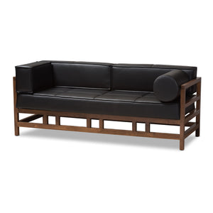 Baxton Studio Shaw Mid-Century Modern Pine Black Faux Leather Walnut Wood 2-Seater Sofa