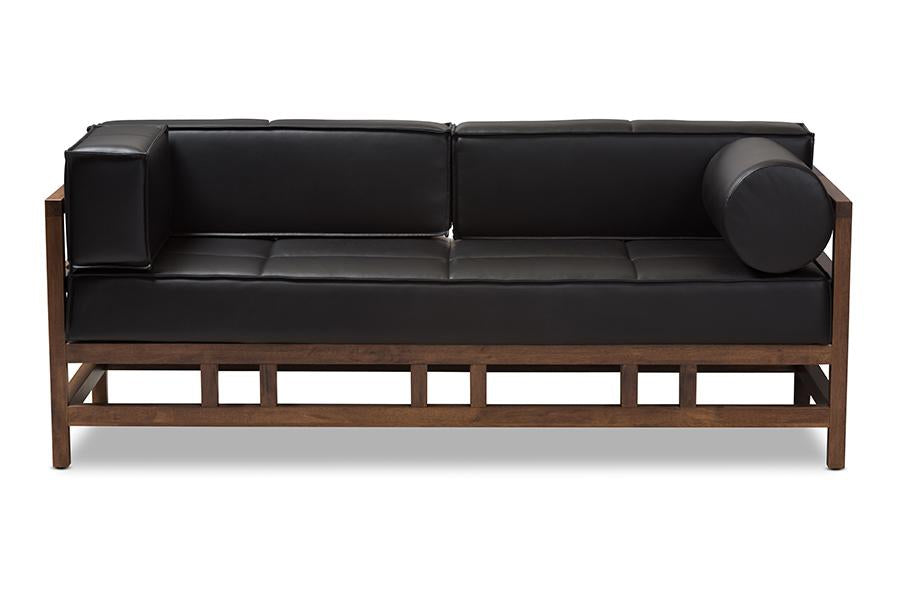 Baxton Studio Shaw Mid-Century Modern Pine Black Faux Leather Walnut Wood 2-Seater Sofa