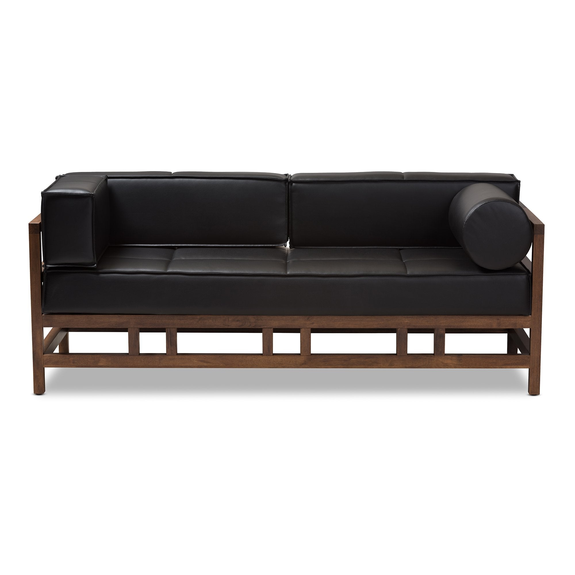 Baxton Studio Shaw Mid-Century Modern Pine Black Faux Leather Walnut Wood 2-Seater Sofa