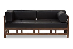 Baxton Studio Shaw Mid-Century Modern Pine Black Faux Leather Walnut Wood 2-Seater Sofa