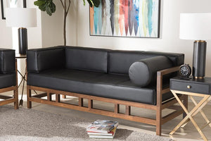 Baxton Studio Shaw Mid-Century Modern Pine Black Faux Leather Walnut Wood 2-Seater Sofa