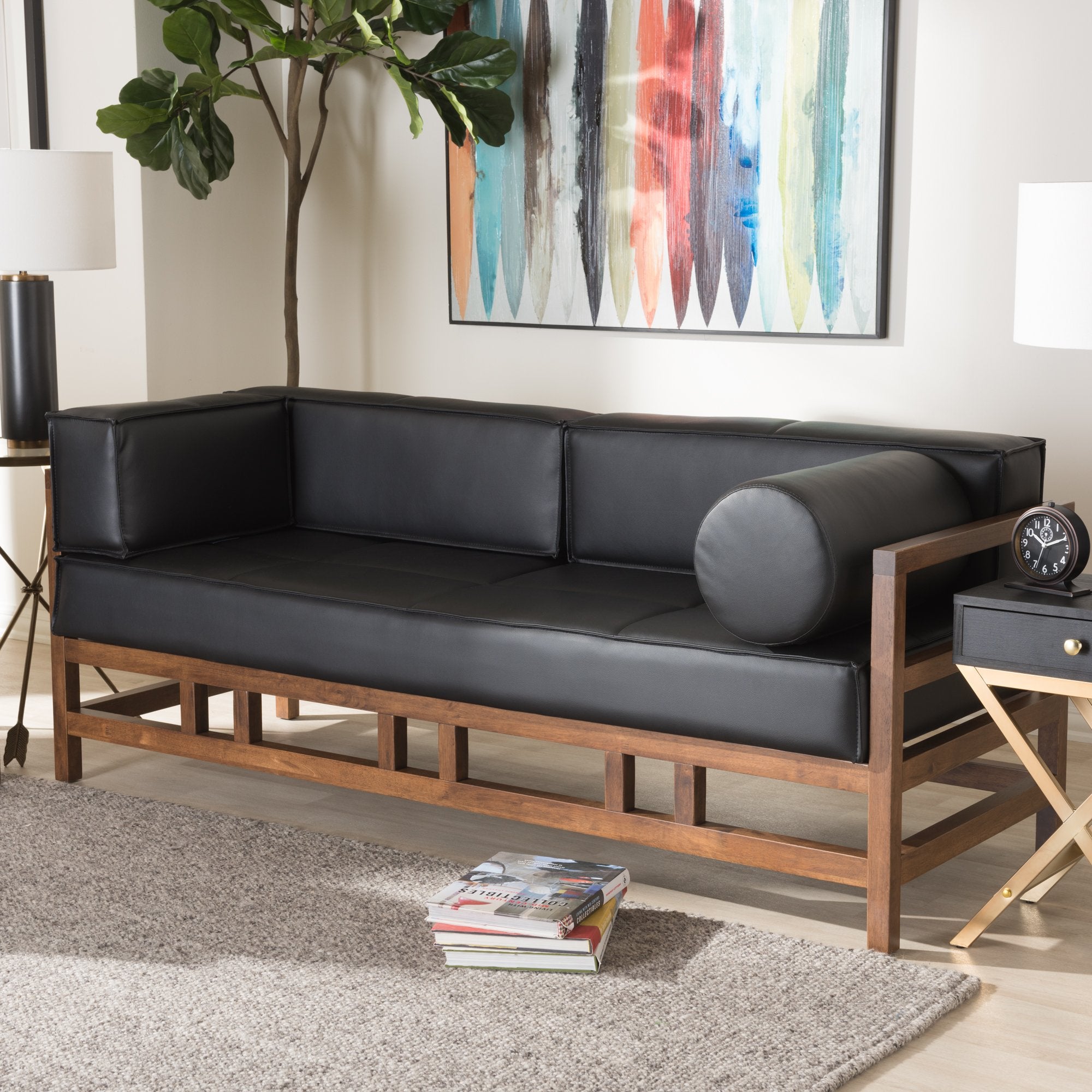 Baxton Studio Shaw Mid-Century Modern Pine Black Faux Leather Walnut Wood 2-Seater Sofa