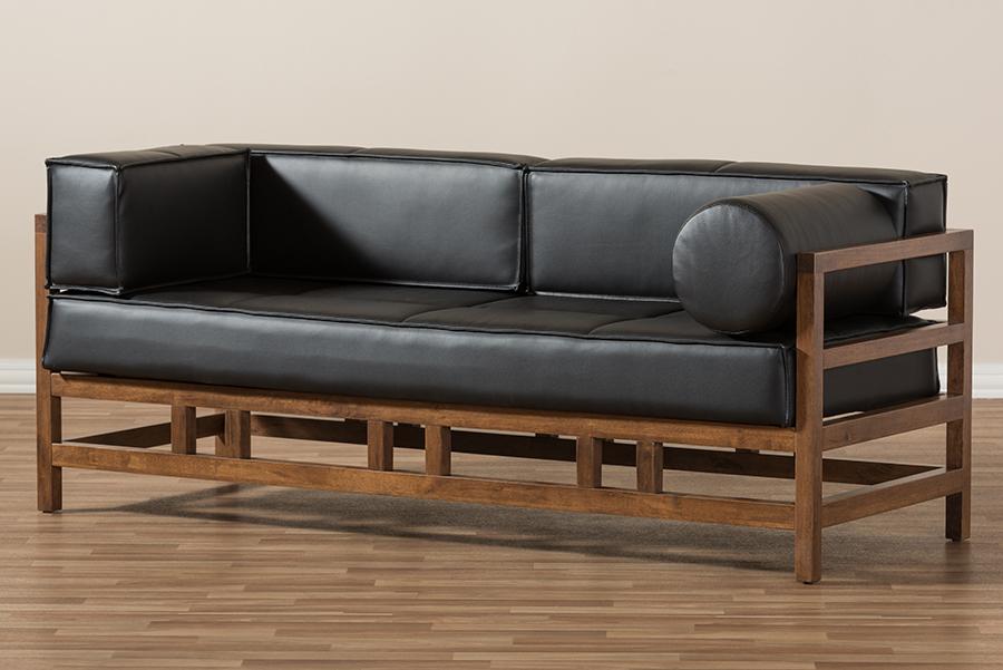 Baxton Studio Shaw Mid-Century Modern Pine Black Faux Leather Walnut Wood 2-Seater Sofa