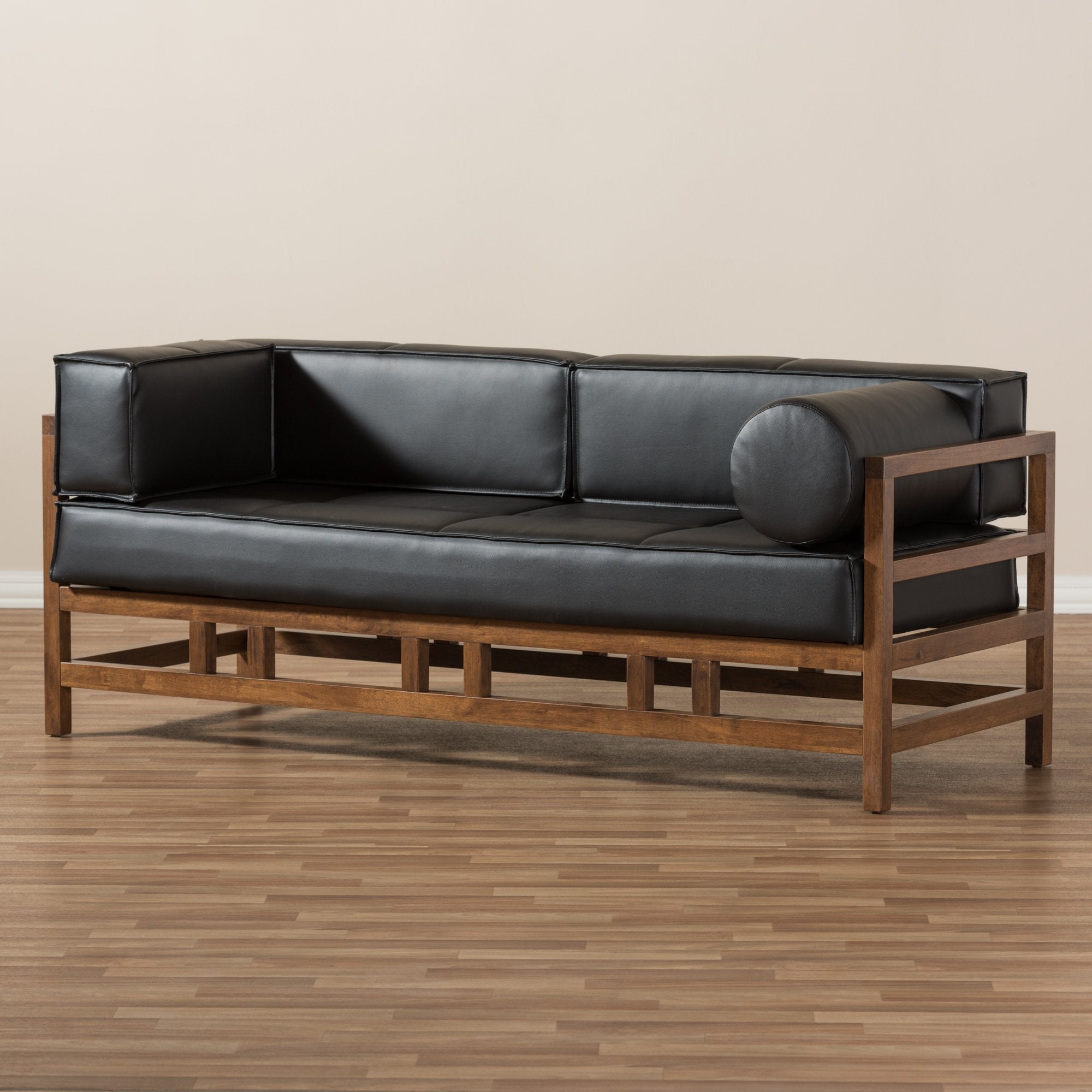 Baxton Studio Shaw Mid-Century Modern Pine Black Faux Leather Walnut Wood 2-Seater Sofa