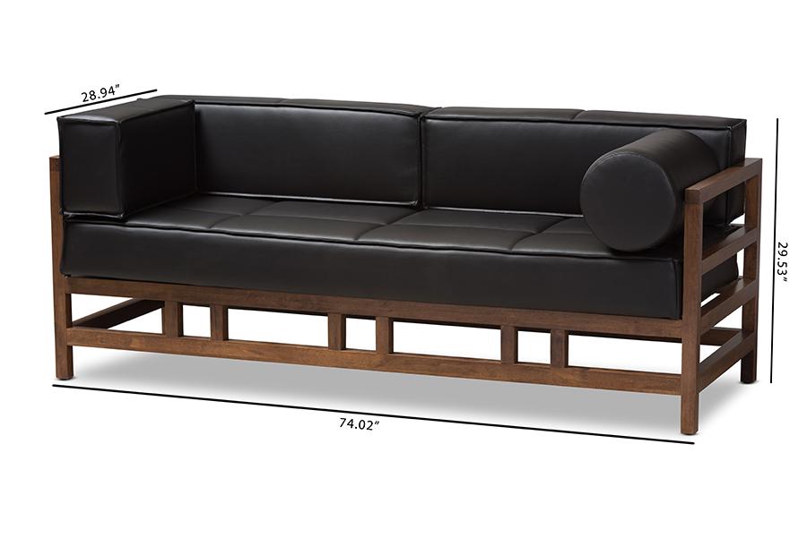 Baxton Studio Shaw Mid-Century Modern Pine Black Faux Leather Walnut Wood 2-Seater Sofa