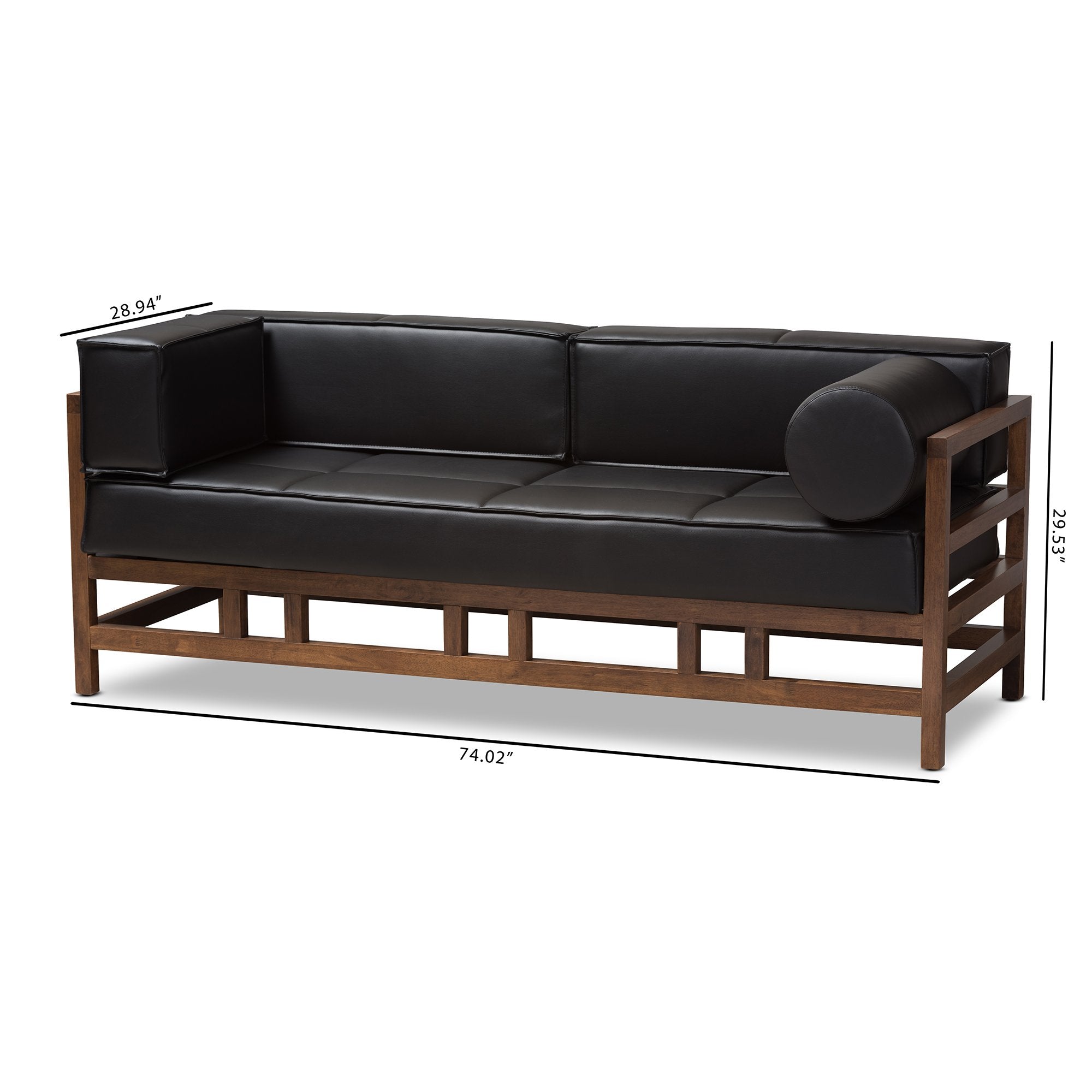 Baxton Studio Shaw Mid-Century Modern Pine Black Faux Leather Walnut Wood 2-Seater Sofa