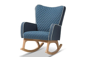 Baxton Studio Zoelle Mid-Century Modern Blue Fabric Upholstered Natural Finished Rocking Chair