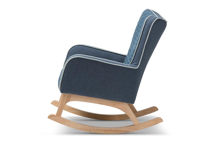 Baxton Studio Zoelle Mid-Century Modern Blue Fabric Upholstered Natural Finished Rocking Chair