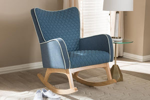 Baxton Studio Zoelle Mid-Century Modern Blue Fabric Upholstered Natural Finished Rocking Chair