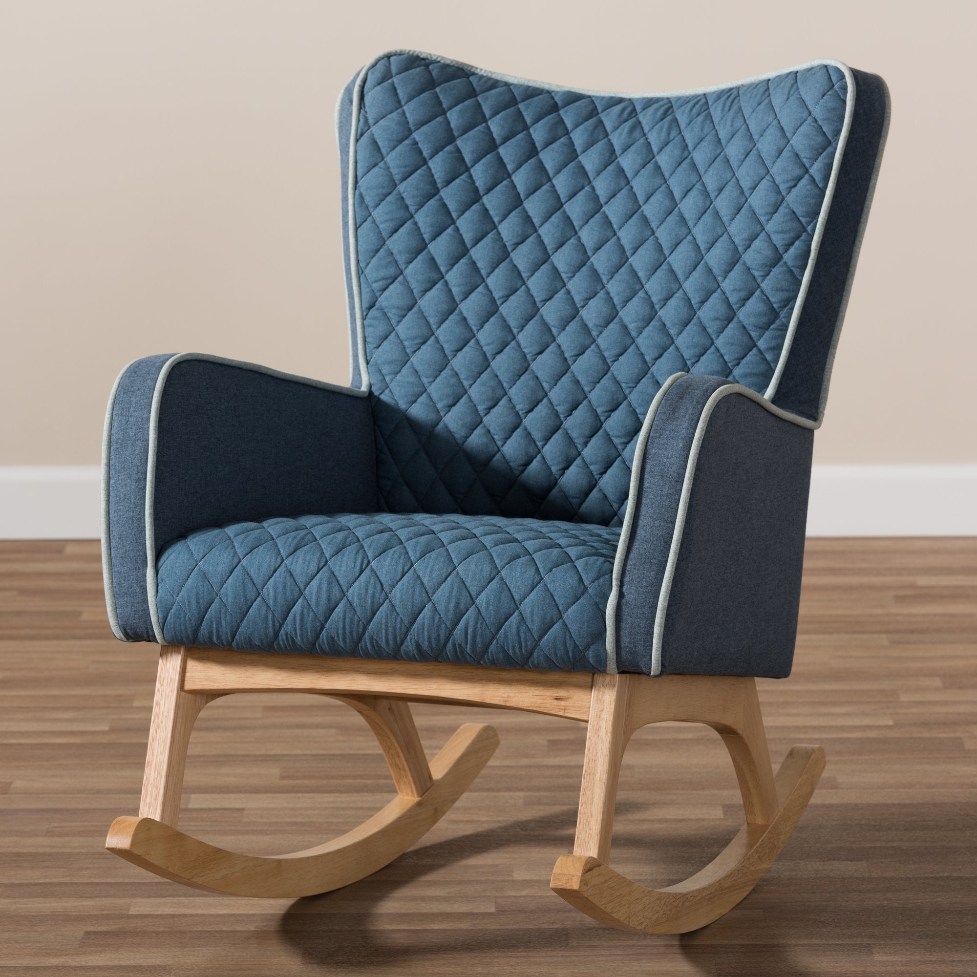 Baxton Studio Zoelle Mid-Century Modern Blue Fabric Upholstered Natural Finished Rocking Chair