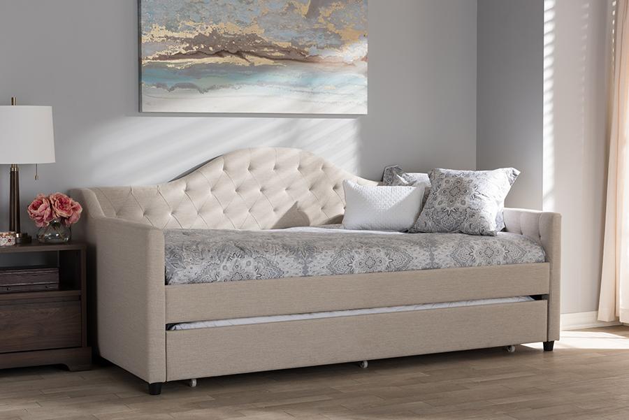 Baxton Studio Perry Modern and Contemporary Light Beige Fabric Daybed with Trundle