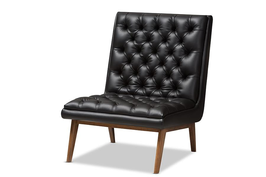 Baxton Studio Annetha Mid-Century Modern Black Faux Leather Upholstered Walnut Finished Wood Lounge Chair