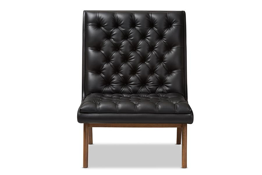 Baxton Studio Annetha Mid-Century Modern Black Faux Leather Upholstered Walnut Finished Wood Lounge Chair