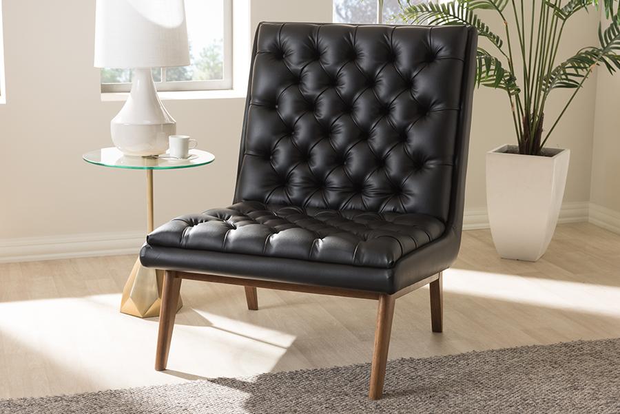 Baxton Studio Annetha Mid-Century Modern Black Faux Leather Upholstered Walnut Finished Wood Lounge Chair