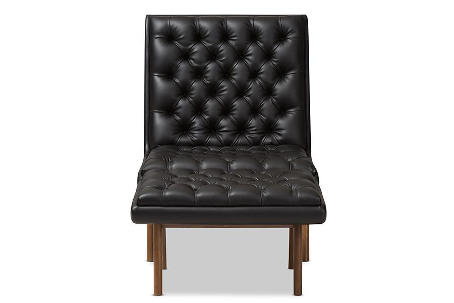 Baxton Studio Annetha Mid-Century Modern Black Faux Leather Upholstered Walnut Finished Wood Chair And Ottoman Set