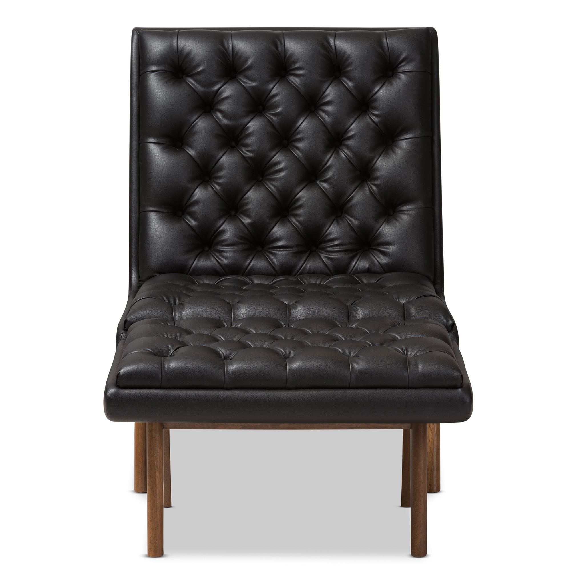 Baxton Studio Annetha Mid-Century Modern Black Faux Leather Upholstered Walnut Finished Wood Chair And Ottoman Set