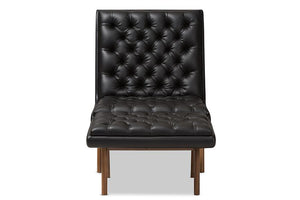 Baxton Studio Annetha Mid-Century Modern Black Faux Leather Upholstered Walnut Finished Wood Chair And Ottoman Set