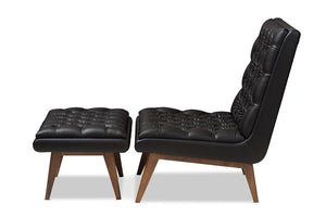 Baxton Studio Annetha Mid-Century Modern Black Faux Leather Upholstered Walnut Finished Wood Chair And Ottoman Set