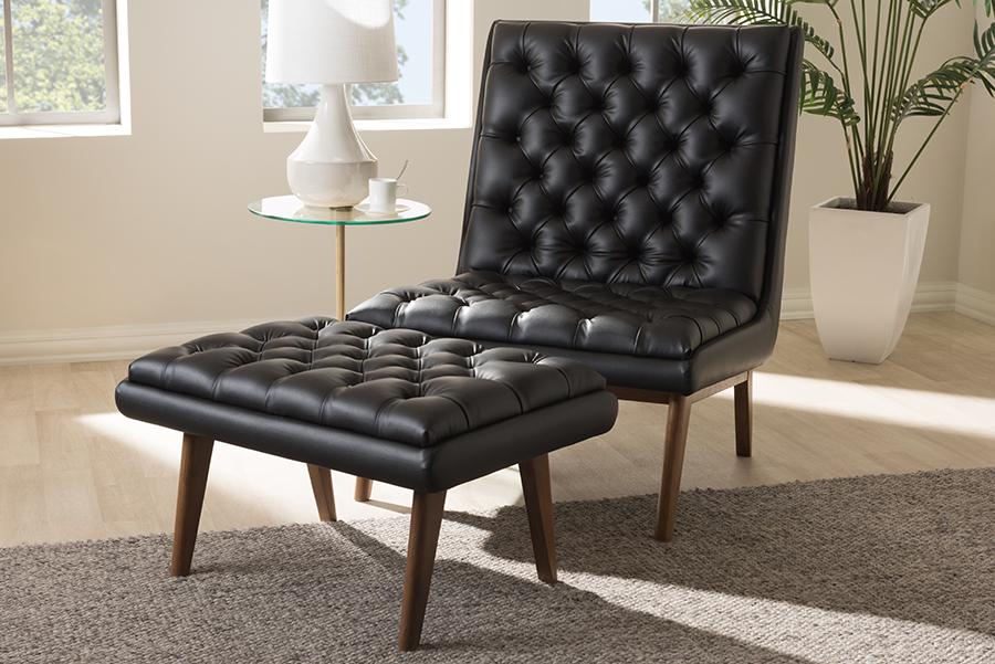 Baxton Studio Annetha Mid-Century Modern Black Faux Leather Upholstered Walnut Finished Wood Chair And Ottoman Set