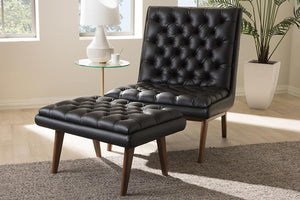 Baxton Studio Annetha Mid-Century Modern Black Faux Leather Upholstered Walnut Finished Wood Chair And Ottoman Set