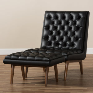 Baxton Studio Annetha Mid-Century Modern Black Faux Leather Upholstered Walnut Finished Wood Chair And Ottoman Set