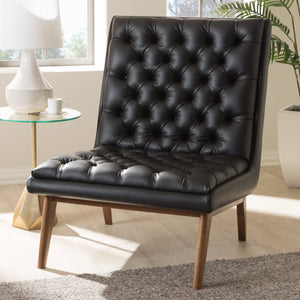 Baxton Studio Annetha Mid-Century Modern Black Faux Leather Upholstered Walnut Finished Wood Lounge Chair