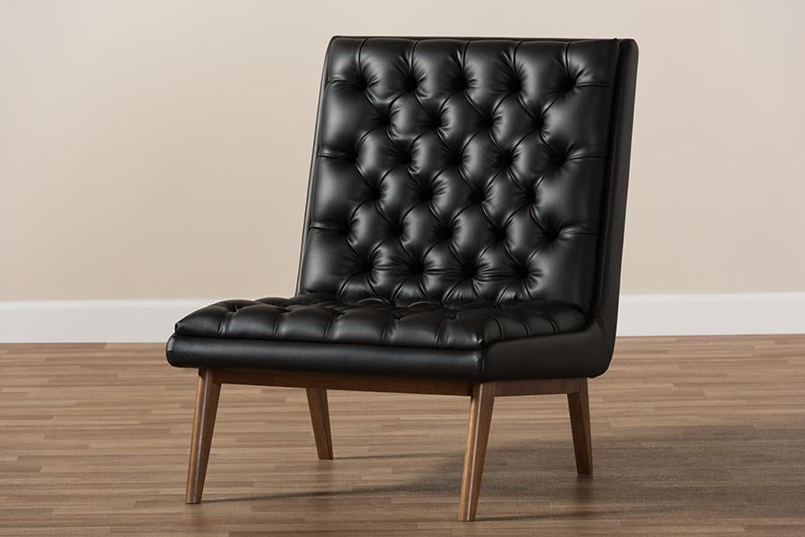 Baxton Studio Annetha Mid-Century Modern Black Faux Leather Upholstered Walnut Finished Wood Lounge Chair