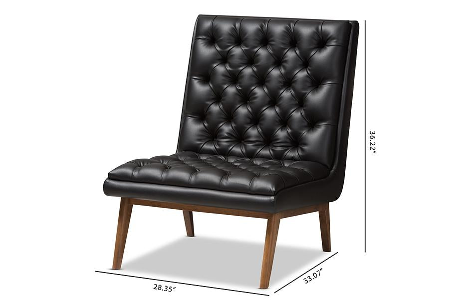 Baxton Studio Annetha Mid-Century Modern Black Faux Leather Upholstered Walnut Finished Wood Lounge Chair