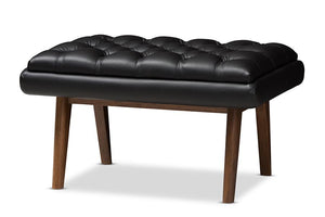 Baxton Studio Annetha Mid-Century Modern Black Faux Leather Upholstered Walnut Finished Wood Ottoman