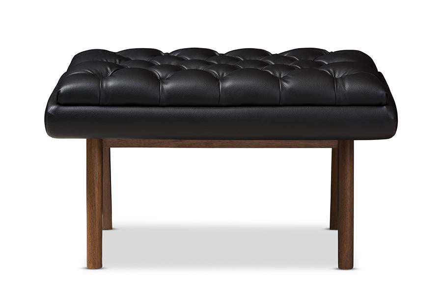 Baxton Studio Annetha Mid-Century Modern Black Faux Leather Upholstered Walnut Finished Wood Ottoman