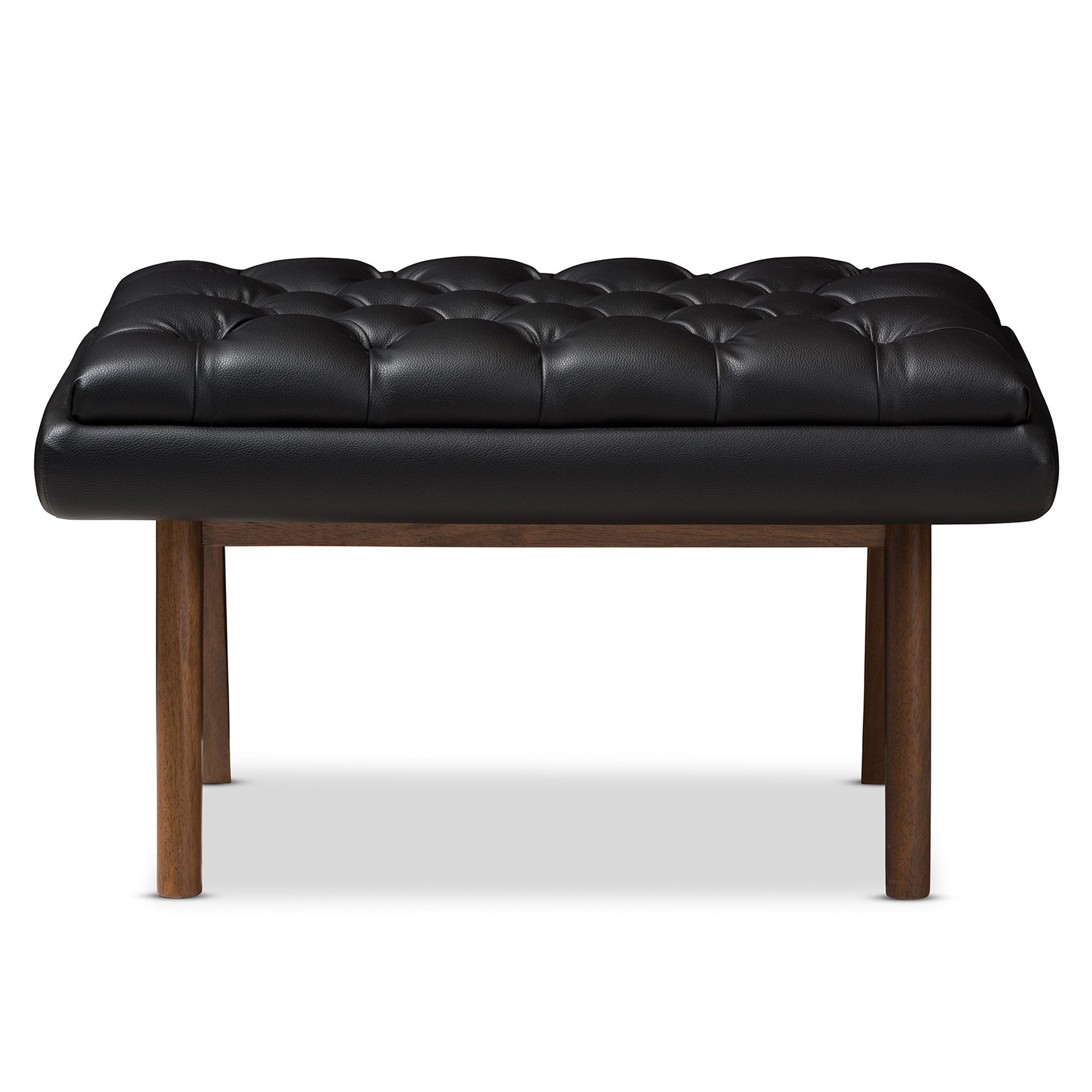 Baxton Studio Annetha Mid-Century Modern Black Faux Leather Upholstered Walnut Finished Wood Ottoman