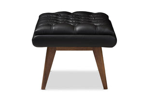 Baxton Studio Annetha Mid-Century Modern Black Faux Leather Upholstered Walnut Finished Wood Ottoman