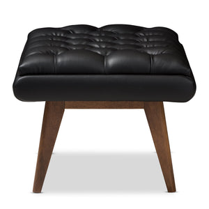 Baxton Studio Annetha Mid-Century Modern Black Faux Leather Upholstered Walnut Finished Wood Ottoman