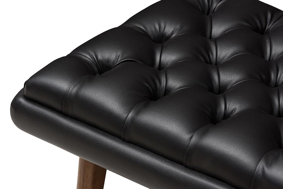 Baxton Studio Annetha Mid-Century Modern Black Faux Leather Upholstered Walnut Finished Wood Ottoman