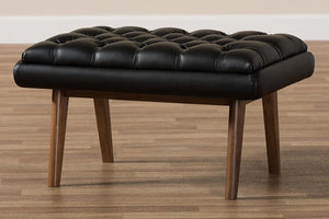 Baxton Studio Annetha Mid-Century Modern Black Faux Leather Upholstered Walnut Finished Wood Ottoman